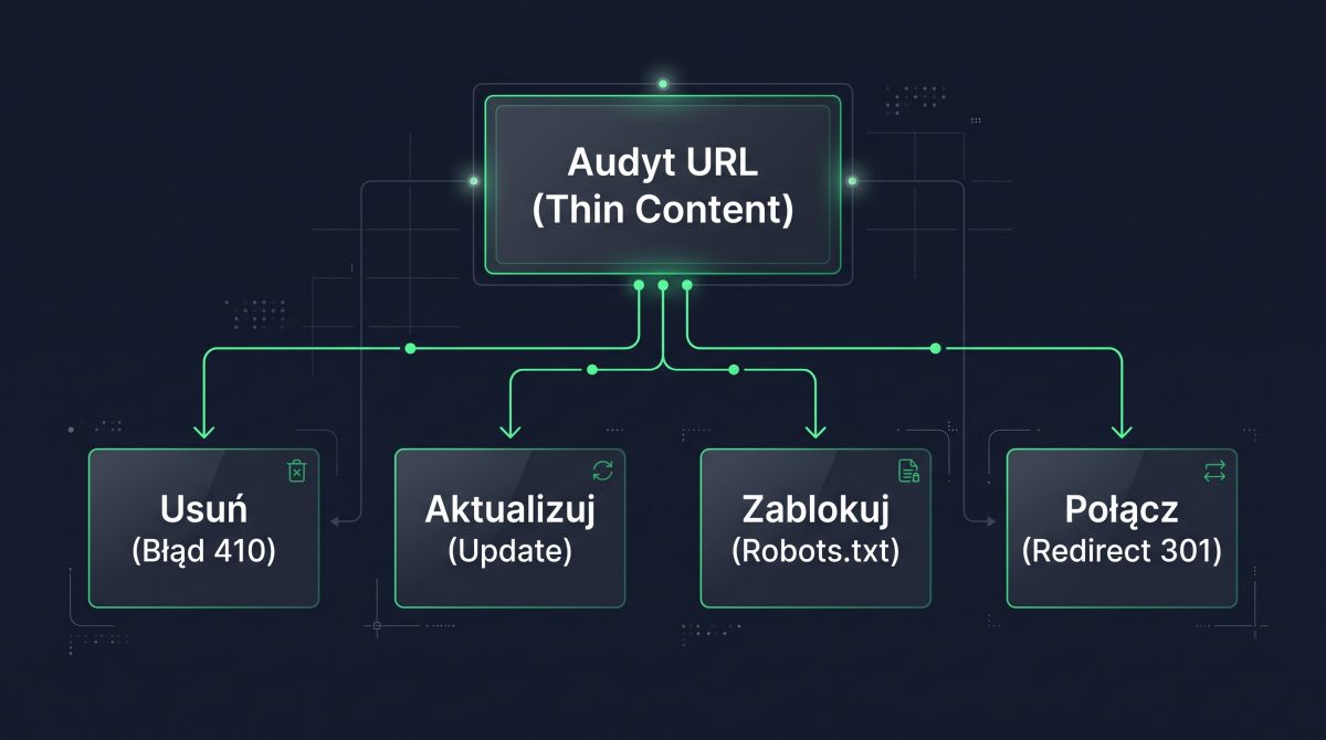 Schemat drzewa decyzyjnego w procesie Content Pruningu: usuń, przekieruj (301), odśwież lub zostaw w indeksie.