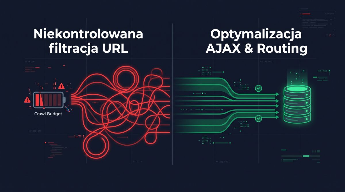 Porównanie niekontrolowanego skanowania filtrów przez boty z bezpieczną architekturą nawigacji AJAX chroniącą Crawl Budget.