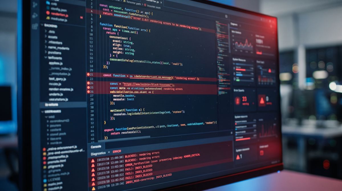 Panel audytu technicznego SEO i kod JavaScript blokujący poprawne renderowanie strony przez wyszukiwarki.