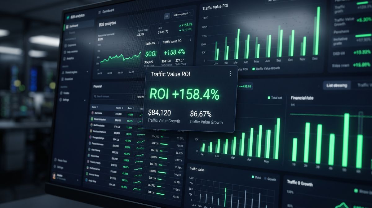 Panel analityczny przedstawiający mierzalny wskaźnik ekwiwalentu reklamowego (Traffic Value) oraz zyski z ruchu organicznego.