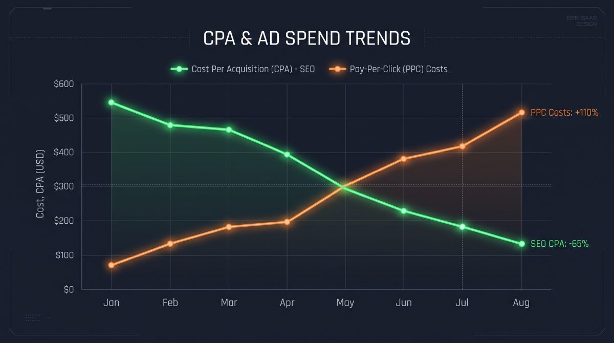 Wykres przedstawiający spadający koszt pozyskania leada (CPA) z kanału SEO w zestawieniu ze stale rosnącym kosztem w Google Ads (PPC).