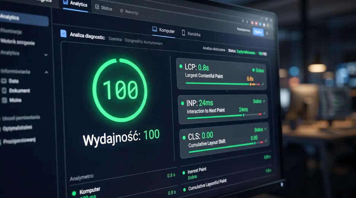Maksymalny wynik 100/100 w Google PageSpeed Insights i zielone wskaźniki Core Web Vitals osiągnięte w architekturze Astro.