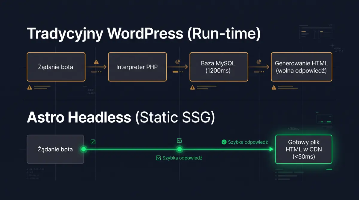 Schemat czasu odpowiedzi serwera (TTFB): dynamiczne zapytania PHP/SQL w WordPressie kontra natychmiastowe serwowanie plików HTML w Astro.