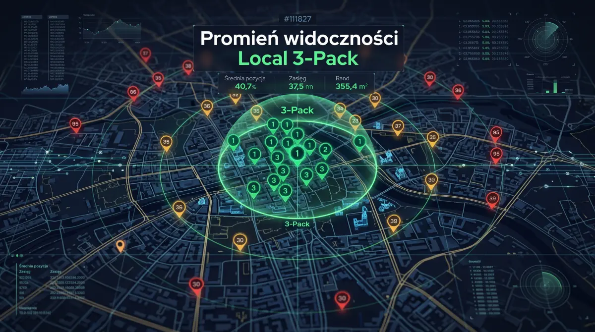 Wizualizacja promienia widoczności i siatki pozycji Profilu Firmy w Google w obrębie aglomeracji miejskiej.