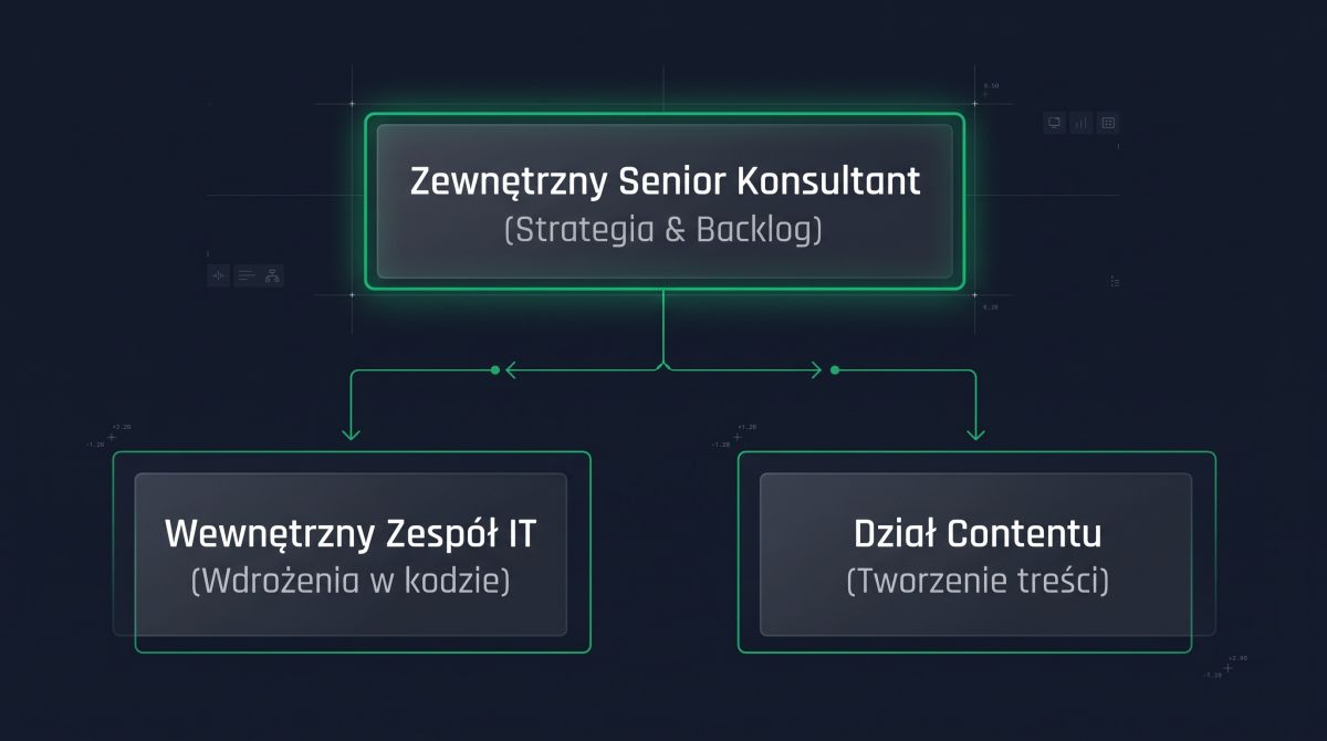 Architektura modelu hybrydowego SEO łączącego zewnętrznego Senior Stratega z wewnętrznym zespołem IT i marketingu klienta.